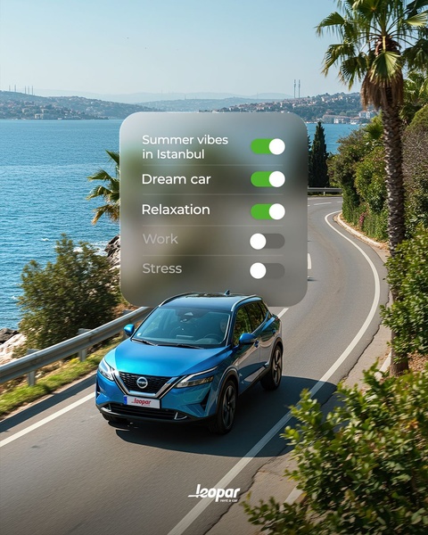 A creative ad featuring a car on a scenic coastal road with an interactive UI toggle overlay that highlights positive experiences like summer vibes and relaxation.