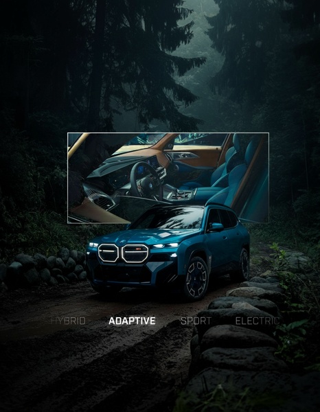 A high-end hybrid SUV is positioned on a rugged forest trail, featuring an inset window that showcases the premium blue leather interior and cockpit design.