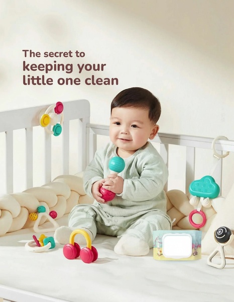 A high-conversion baby wipes ad creative featuring a clean, soft-focus aesthetic with product placement around a happy baby in a crib.