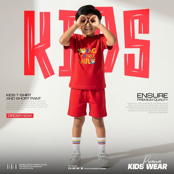 kids clothing set, children t-shirt shorts, toddler outfit, kids matching set, children summer clothes, boys clothing set, kids casual wear, product launch, brand awareness, lifestyle, playful, energetic, red, neutral