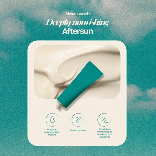 A clean, minimalist product launch creative showcasing the Aftersun cream texture with key benefit icons.