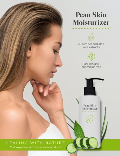 This creative uses a side-profile product hero shot paired with clear iconography to emphasize natural ingredients and a chemical-free formulation.