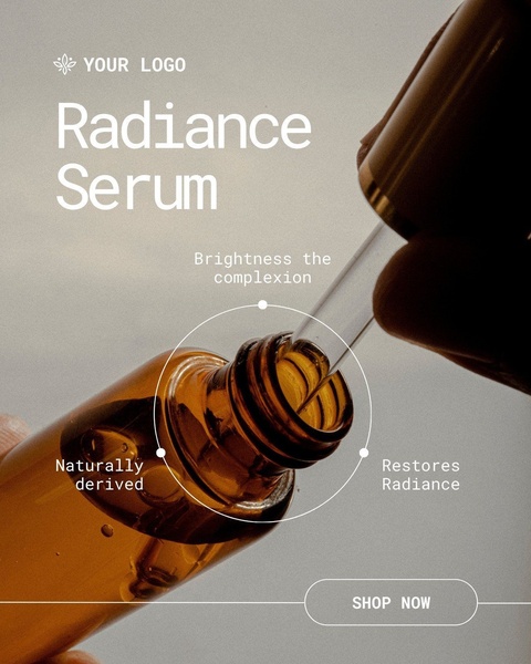 face serum, facial serum, skin serum, radiance serum, brightening serum, skincare serum, complexion serum, product launch, minimalist, luxurious, warm, brown, neutral