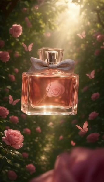 perfume, fragrance, eau de parfum, cologne, scent, body spray, product launch, brand awareness, lifestyle, luxurious, warm, pink, gold, green