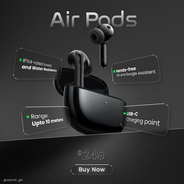 A high-contrast, dark-mode product display that uses floating callout bubbles to highlight technical specifications for wireless earbuds.