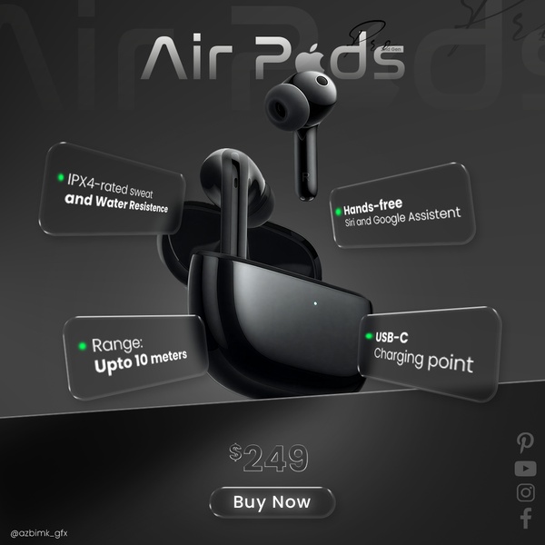 A high-contrast, dark-mode product feature display for wireless earbuds highlighting IPX4 resistance, hands-free control, charging, and connectivity range.