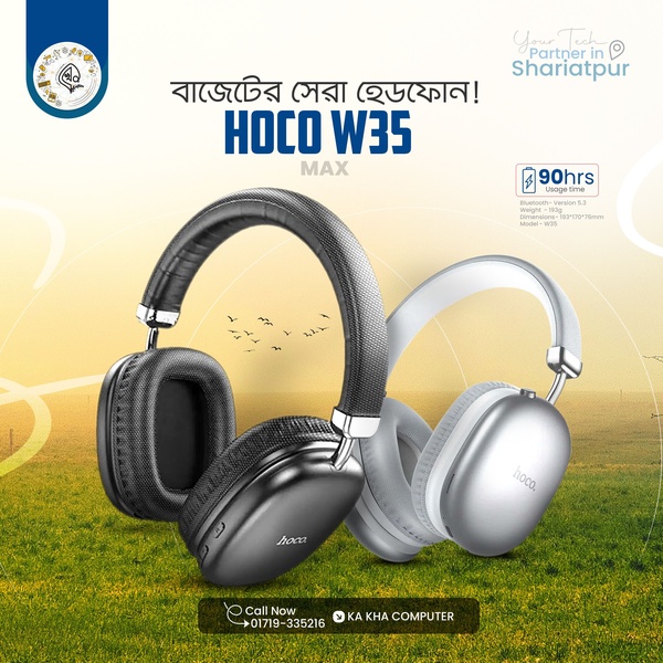 This creative highlights the Hoco W35 Max headphones using a clean, benefit-focused layout that emphasizes battery life and product aesthetics.