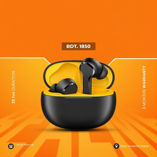 A high-contrast, clean 1:1 square ad showcasing wireless earbuds in their charging case against a bold orange background with key specs.