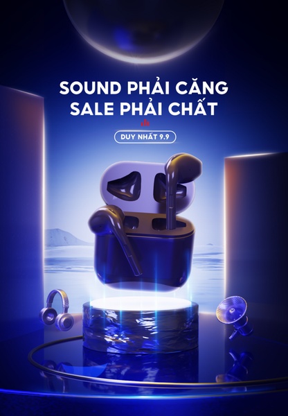 A clean, high-contrast promotional graphic featuring wireless earbuds on a glowing pedestal under a dark, ambient blue spotlight.