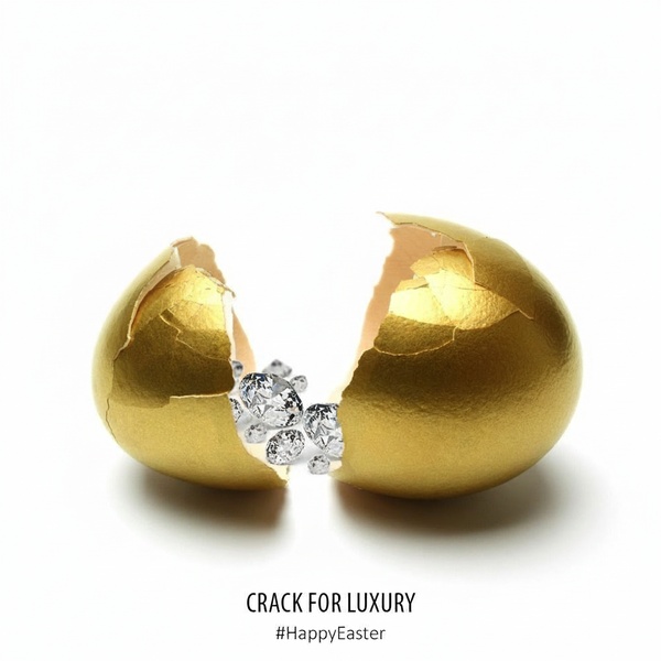 A high-contrast 1:1 image featuring a cracked golden egg revealing sparkling diamonds inside to signal hidden luxury.