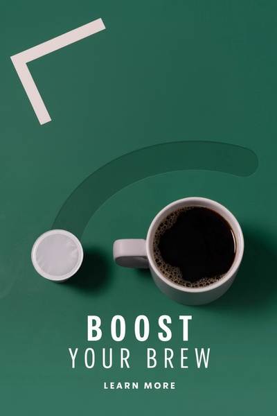 A sleek, top-down product shot of a coffee pod and a filled mug on a solid green background, using a clean curved graphic element to imply movement.