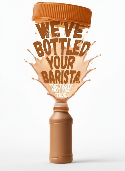 A high-contrast 3:4 graphic featuring a coffee bottle with a dramatic coffee splash that forms the shape of the headline.
