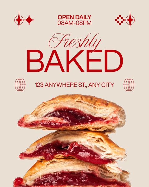 pastries, baked goods, filled pastries, fruit pastries, bakery items, sweet pastries, jam pastries, brand awareness, minimalist, warm, fresh, red, neutral