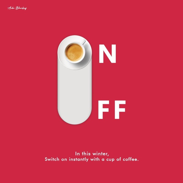 A minimalist visual play on an 'ON/OFF' power switch, where the physical button is replaced by a cup of coffee to represent an instant energy boost.