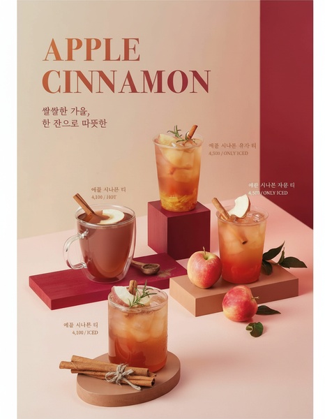 A high-quality product shot featuring four varieties of apple cinnamon tea, displayed with fresh apples and cinnamon sticks on a minimalist color-blocked background.
