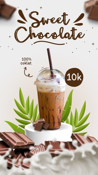A clean, minimalist product shot of an iced chocolate drink centered with price messaging and chocolate bar accents.