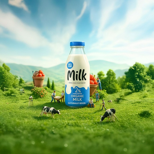 A 1:1 ratio creative showing an organic milk bottle centered in a vibrant, miniature green landscape with tiny farmers, illustrating purity and nature.
