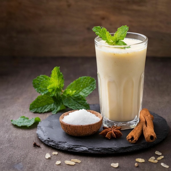 A high-contrast, professional product shot of a spiced beverage featuring natural mint and cinnamon garnishes on a rustic slate base.