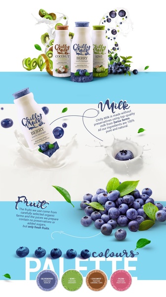 This ad creative utilizes a clean, minimalist layout to spotlight organic fruit and milk bottle variations against a soft, airy blue background.