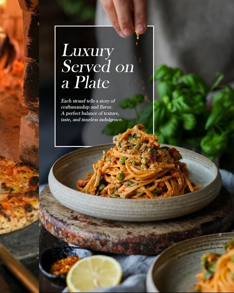 A top-down, sensory-focused shot of freshly prepared pasta with an elegant overlay focusing on craftsmanship and quality.
