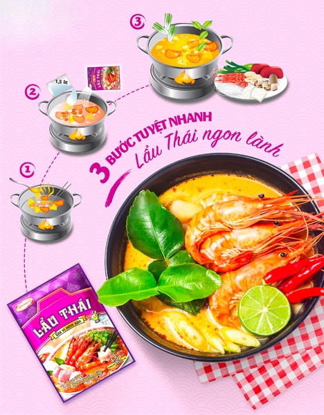 A 4:5 ratio instructional ad showing how to prepare a delicious Thai soup in three simple steps using the product's seasoning packet.