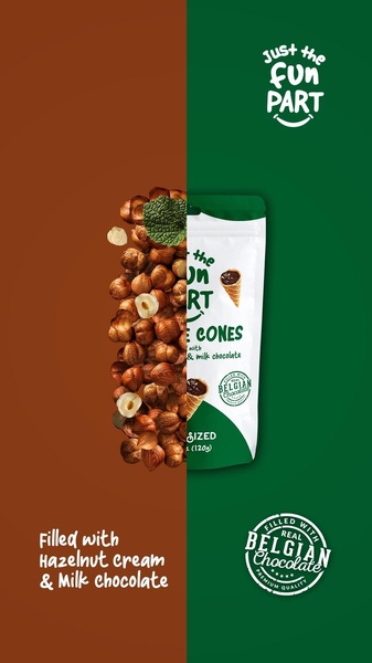 A split-screen composition featuring a heap of raw hazelnuts on the left and a branded cone package on the right.
