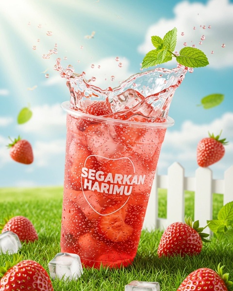 A high-energy, summer-inspired creative featuring a strawberry soda cup splashing against a clear blue sky, emphasizing freshness and flavor.