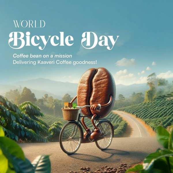 A coffee bean character rides a bicycle through a scenic plantation to deliver coffee goodness, serving as an engaging, whimsical mascot.