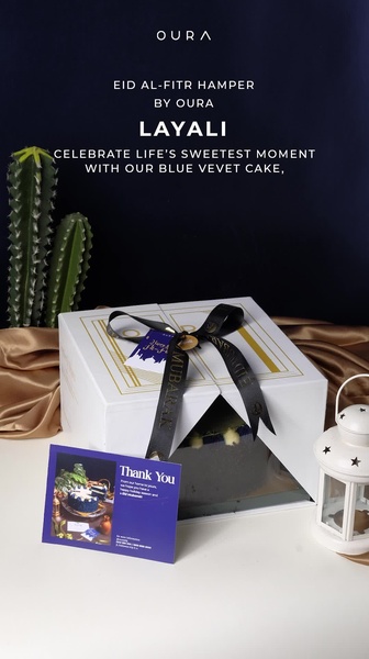 cake hamper, gift hamper, dessert gift box, cake gift set, food hamper, bakery gift box, celebration cake box, product launch, lifestyle, luxurious, blue, neutral, gold