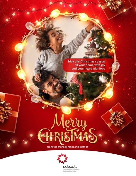 This creative features a warm holiday message framed by glowing lights, centered around a family image with professional branding at the base.