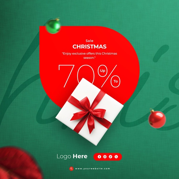 A high-contrast, minimalist graphic featuring a white gift box with a red ribbon on a deep green background, showcasing a clear seasonal offer.