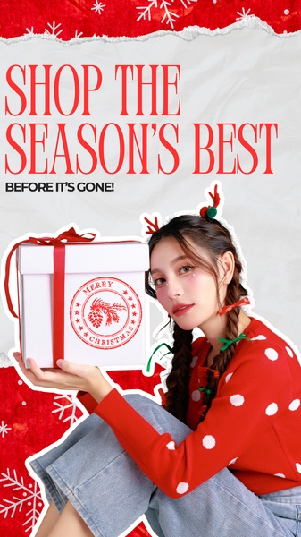 A festive 9:16 portrait ad featuring a model holding a Christmas-themed gift box, emphasizing urgency for seasonal shopping.