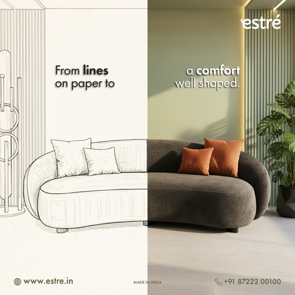 A split-screen composition featuring a technical sketch of a curved sofa on the left and the finished, styled product on the right.