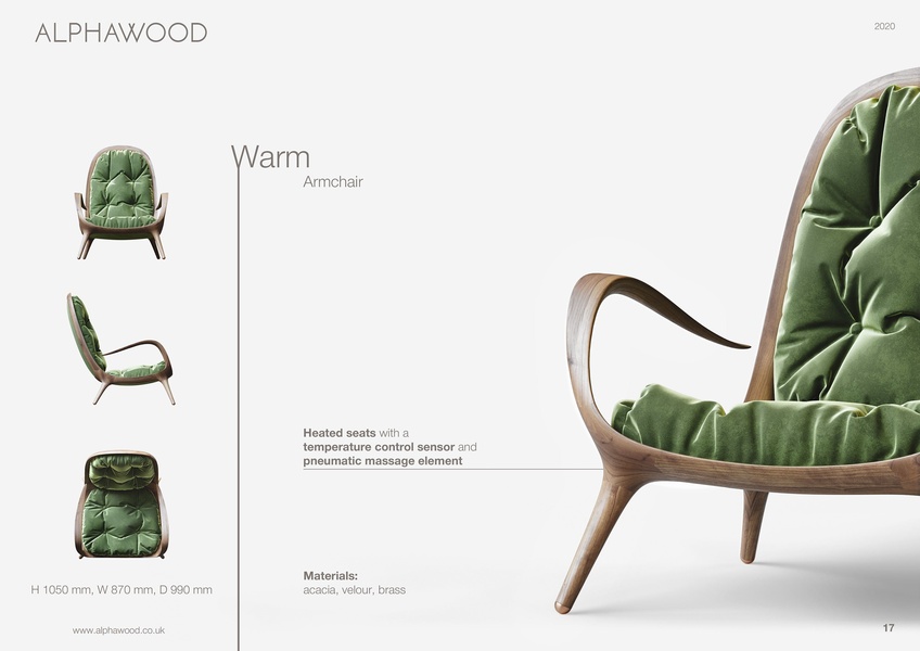 A refined product catalog-style ad featuring technical callouts for the armchair's heating and massage features against a minimalist studio background.