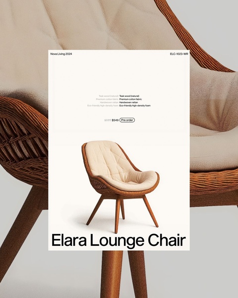 A clean, high-end product display for a lounge chair featuring white space, clear material specs, and a structured layout.