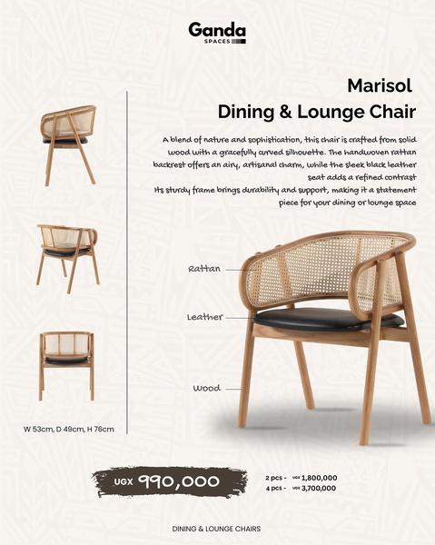 A clean, multi-angle product feature ad for the Marisol dining chair, highlighting material composition and pricing options.