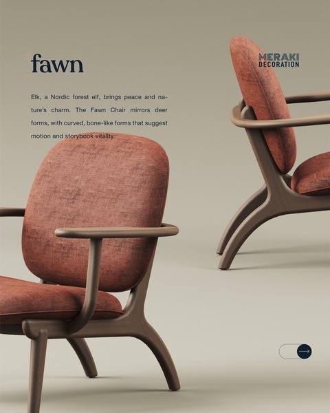 A high-end furniture ad showcasing the Fawn Chair using a soft-focus, monochromatic palette to emphasize natural forms and Nordic-inspired design language.