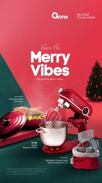 A high-impact, vertical holiday creative featuring a red digital signature mixer alongside a prepared meal and festive greenery.