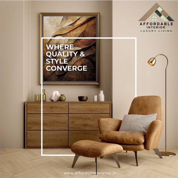 A sophisticated, high-end display of a modern armchair and wooden dresser, utilizing clean white framing to emphasize premium design.