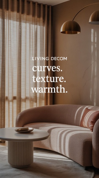 This creative showcases a high-end curved sofa in a soft, monochromatic palette, using evocative text to emphasize texture and interior design comfort.