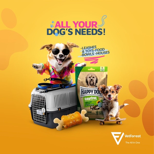 This creative showcases a variety of pet essentials including food, leashes, and housing, using a vibrant yellow background to drive engagement.