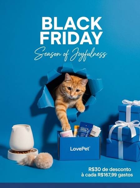 A vibrant blue-themed promotional graphic featuring a cat peeking through a torn hole in the background to access a branded pet care subscription box.