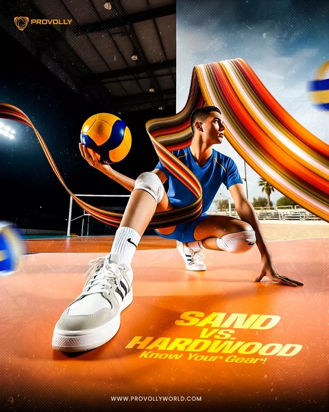 A high-contrast split-screen creative comparing indoor and outdoor volleyball playing environments to emphasize specialized footwear performance.