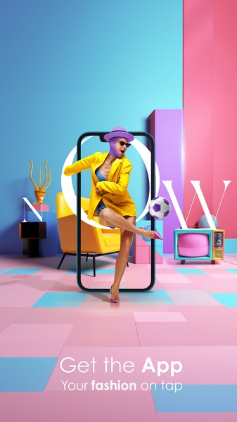 mobile app, fashion app, shopping app, style app, clothing app, brand awareness, modern typography, playful, energetic, blue, pink, yellow