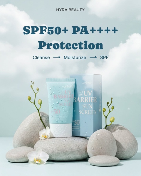 sunscreen, sun protection, spf cream, uv protection, facial sunscreen, moisturizing sunscreen, daily spf, product launch, brand awareness, minimalist, calm, fresh, blue, neutral