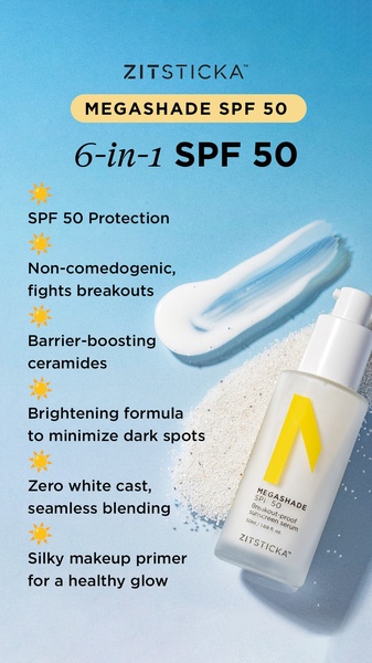 sunscreen, spf 50, sun protection, facial sunscreen, makeup primer, skincare, cosmetic sunscreen, product launch, minimalist, fresh, trustworthy, blue, yellow