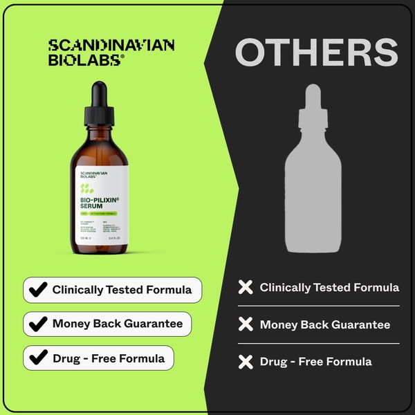 A high-contrast comparison chart highlighting key product benefits of a hair serum while contrasting them against generic alternatives.