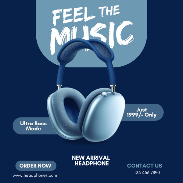 A square-format product spotlight featuring a high-quality headphone model against a deep blue background with minimalist bold text.