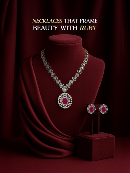 A high-end studio photograph featuring a ruby necklace and matching earrings displayed on a rich velvet stand with deep maroon drapery.