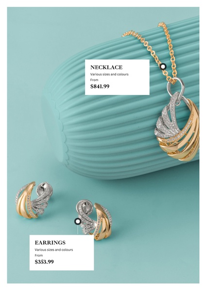 A refined, clean-aesthetic advertisement featuring a necklace and earring set displayed against a soft teal textured backdrop.